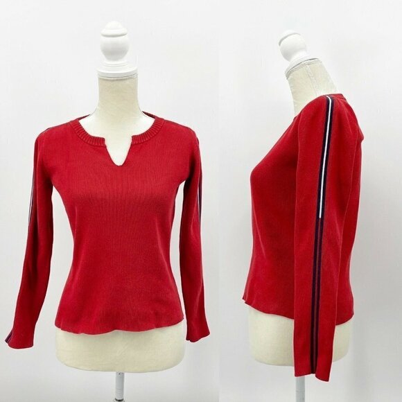 Tommy Hilfiger Vintage Y2K Red Knit Flag Sleeve Slim Fit Split Neck Sweater - Picture 1 of 7